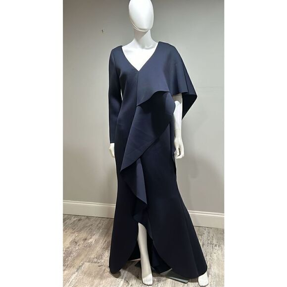 Badgley Mischka Navy Blue Asymmetric Ruffle Gown Size 2 - Picture 5 of 10